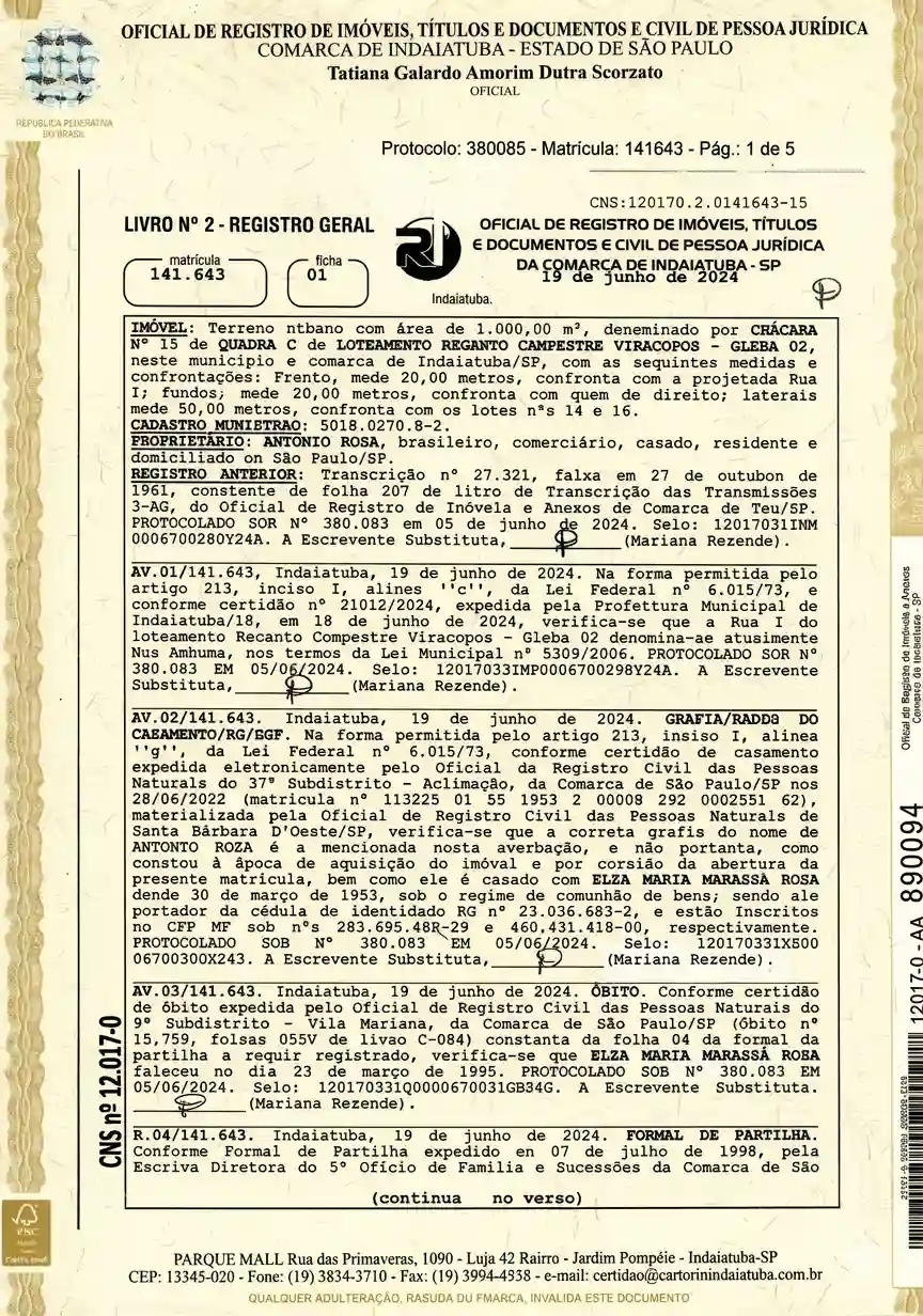 Matricula de Imóvel, modelo.